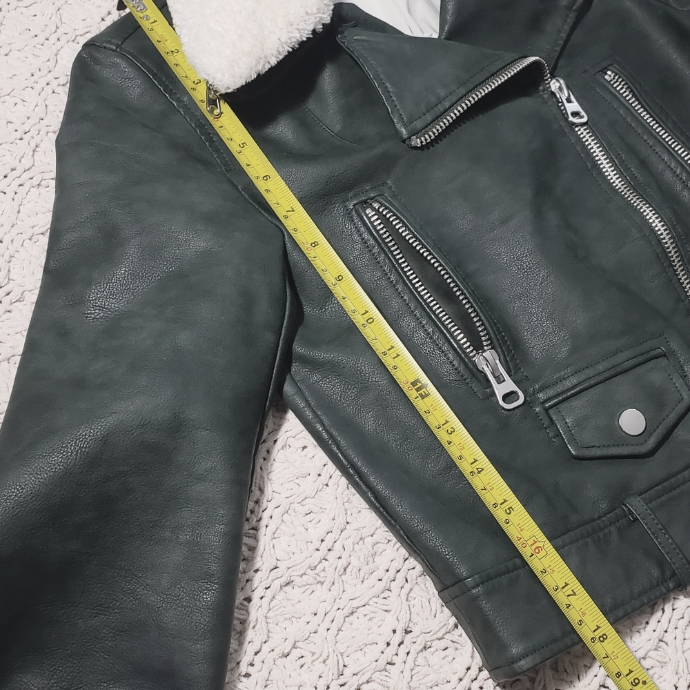 Green Shearling Aviator Collar Versatile Moto Jacket - Picture 13 of 16